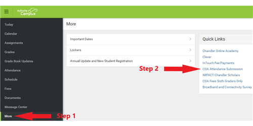 Image of screen showing to select More on the left and COA Attendance Submission on the right